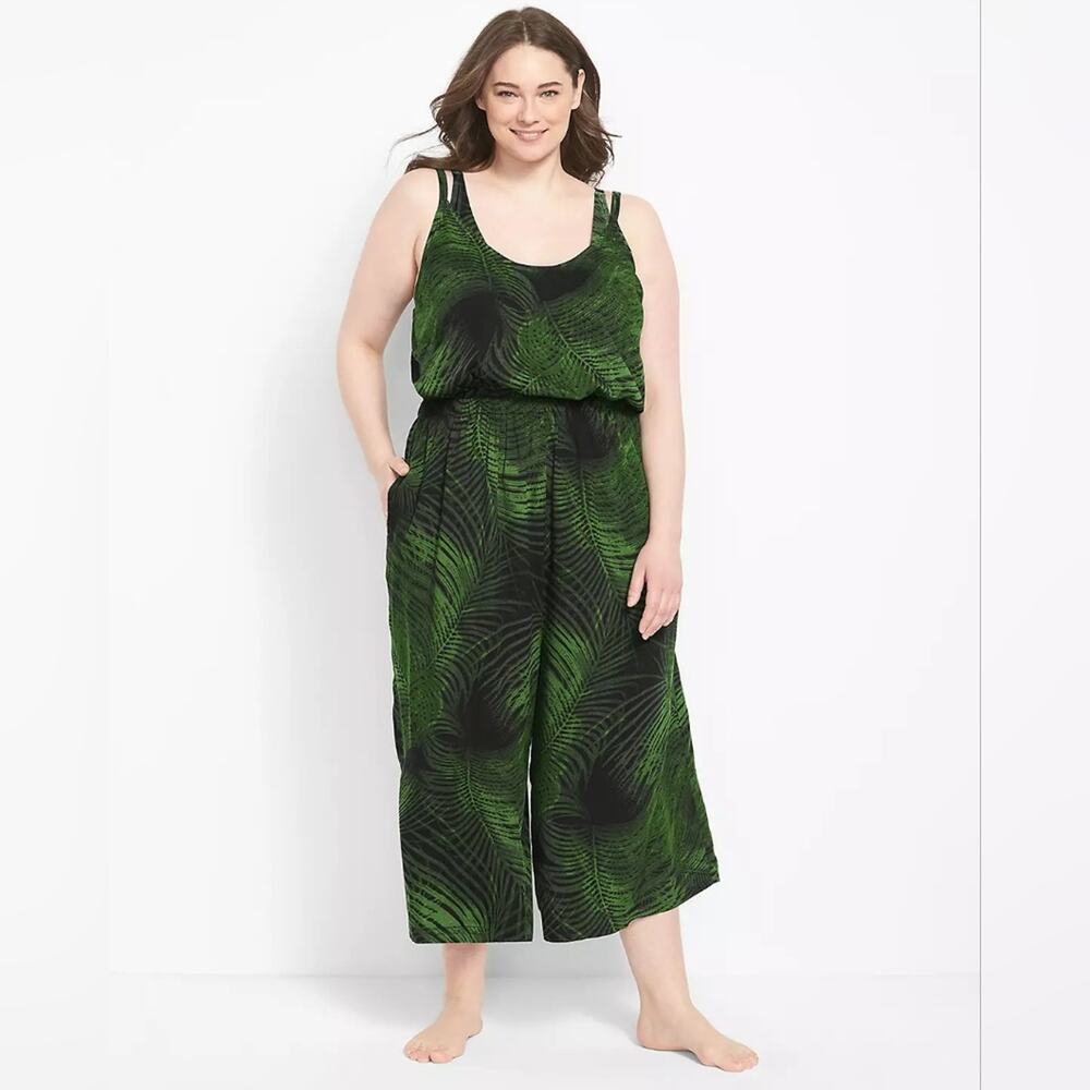 CACIQUE Swim Green Black Tropical Print Jumpsuit Coverup Beach Pockets Sz 26/28